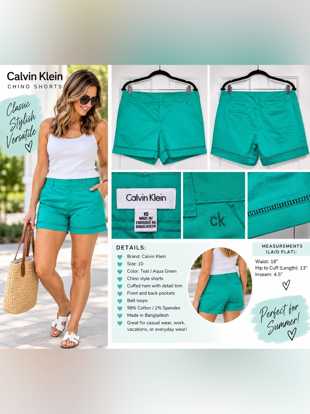 Calvin Klein Teal Aqua Chino Shorts Size 10 Cutout Hem Stretch